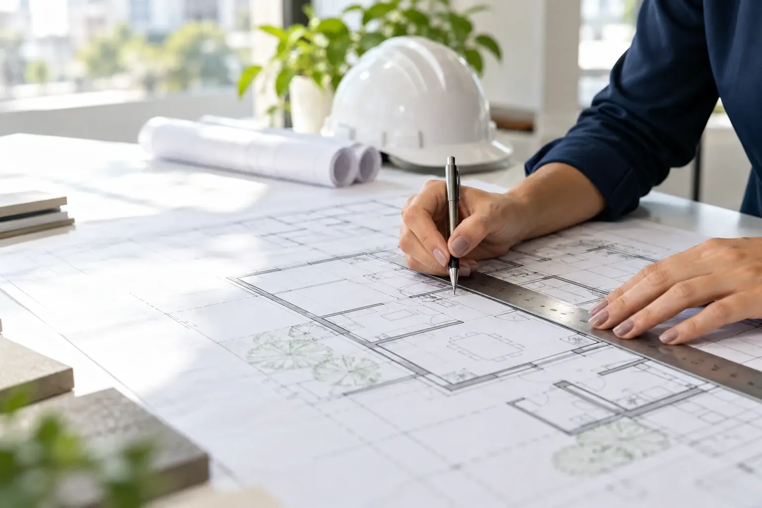 Mãos femininas analisando uma planta de engenharia sobre uma mesa