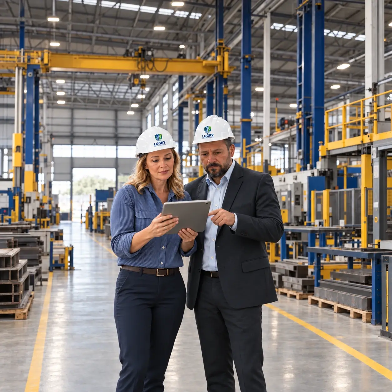 Dois profissionais com capacete de segurança avaliando dados em um tablet entre máquinas e equipamentos industriais